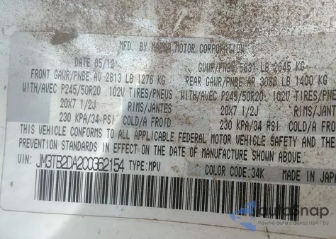 2012 Mazda Cx-9 Grand Touring from USA, damaged, VIN JM3TB2DA2C0362154